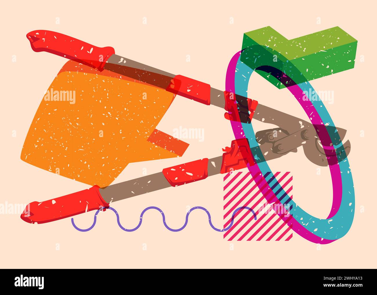 Großer Kabelschneider von Risograph in robuster Ausführung, alter Schneider für Draht- oder Stahlstäbe mit Sprechblase und geometrischen Formen. Objekte in trendigem Riso-Diagramm Stock Vektor