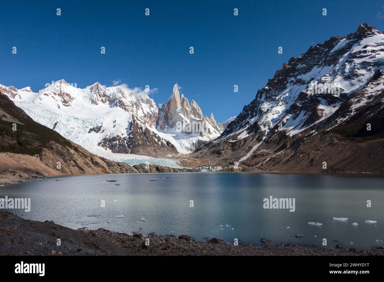 Cerro Torre und Laguna Torre in El Chaltén, Patagonien, Argentinien. Trekking- und Wanderziel in Südamerika. Stockfoto