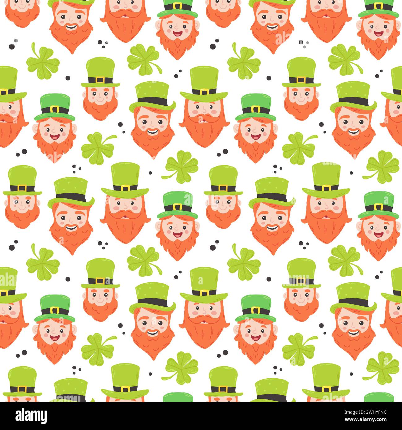 Festliches Muster für St.. Patrick's Day mit süßer Elfe und Klee. Handgezeichnete flache Zeichentrickelemente. Vektorabbildung Stock Vektor