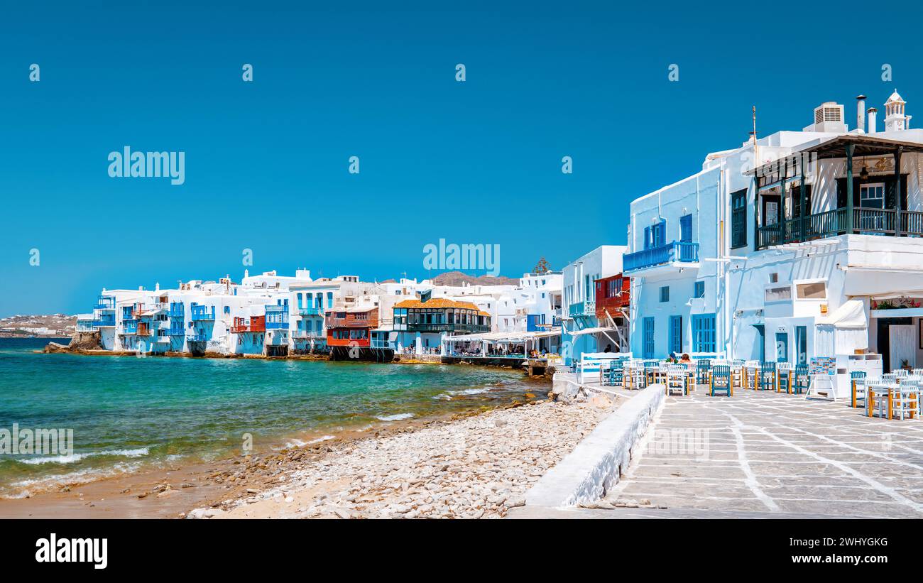 Mykonos Griechenland, kleines Venedig Mykonos Griechenland, Sonnenuntergang am Meer fron in Mykonos Stadt Stockfoto