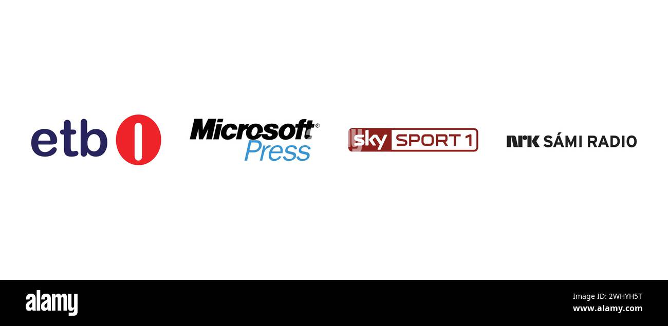 ETB 1, Microsoft Press, Sky Sport 1, NRK Sami Radio. Vektorillustration, redaktionelles Logo. Stock Vektor