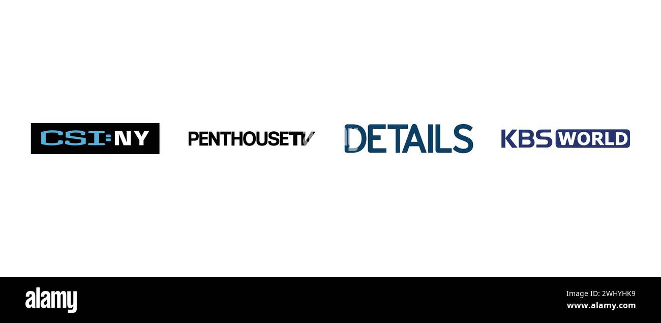 Penthouse TV, Details Magazine, CSI NY, KBS World. Vektorillustration, redaktionelles Logo. Stock Vektor