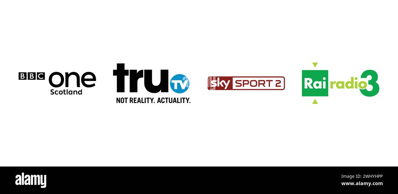 TRU TV, Sky Sport 2, BBC One Scotland, Rai Radio 3. Vektorillustration, redaktionelles Logo. Stock Vektor