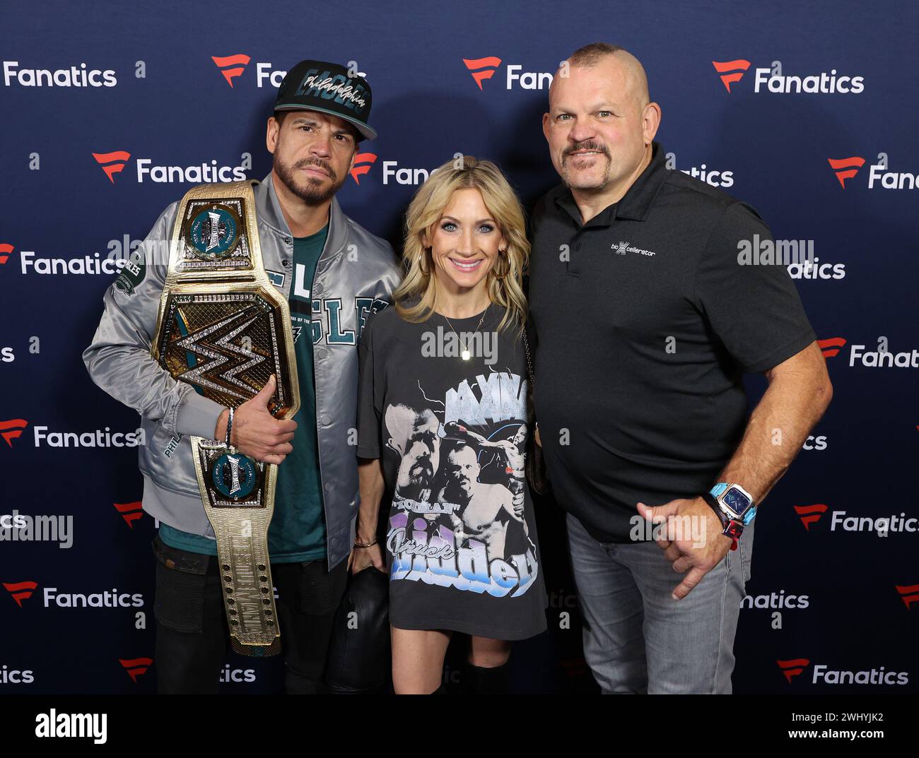 Las Vegas, USA. Februar 2024. Chuck Liddell, Heidi Adams und Dave 'DaveO' Osokow kamen am 10. Februar 2024 zu Michael Rubins Fanatics Super Bowl Party im Marquee Nachtclub im Cosmopolitan of Las Vegas, Nevada © JPA/AFF-USA.com Credit: AFF/Alamy Live News Stockfoto