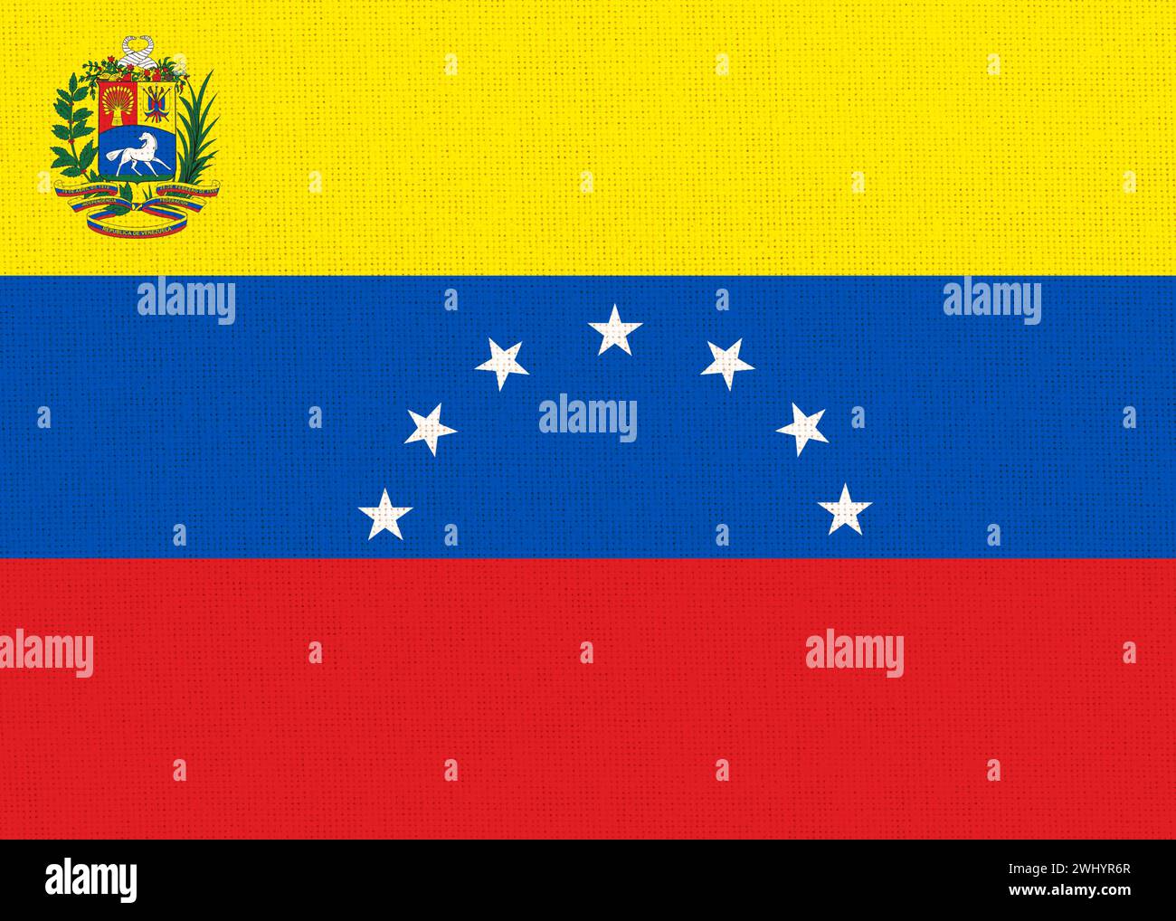 Flagge von Venezuela. Nationale venezolanische Flagge auf Stoffoberfläche. Nationale venezolanische Flagge auf strukturiertem B Stockfoto