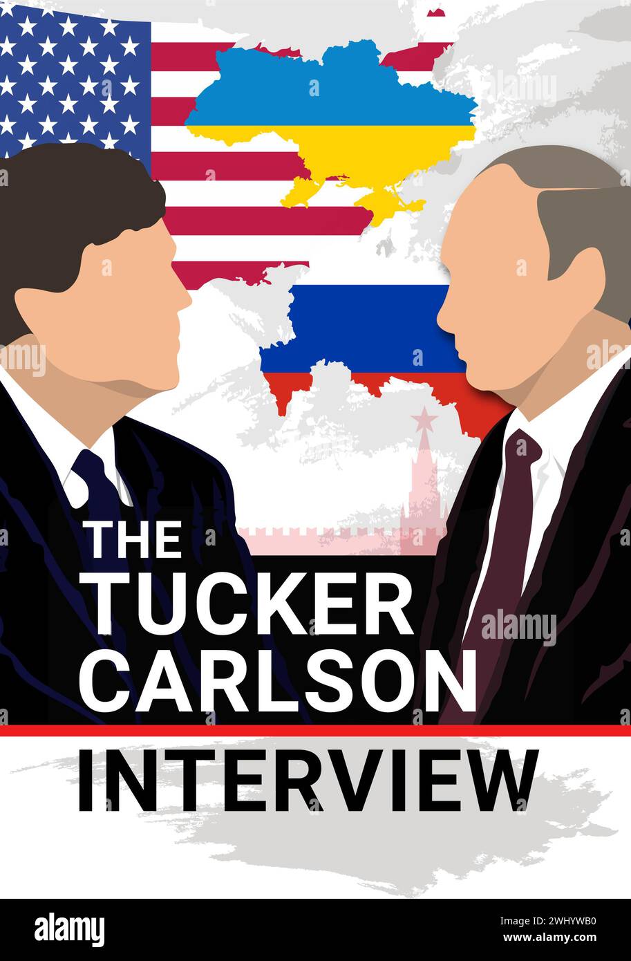 Februar 2024. Der amerikanische Journalist Tucker Carlson interviewte den russischen Präsidenten Wladimir Putin in Moskau. Stockfoto