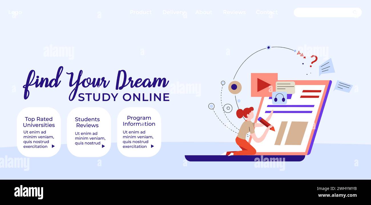 Studieren Sie online, lesen Sie die am besten bewerteten Universitäten, Studentenbewertungen und Programminformationen. Finden Sie Ihren Traumkurs und lernen Sie sich kennen. Website-Landing-Page t Stock Vektor