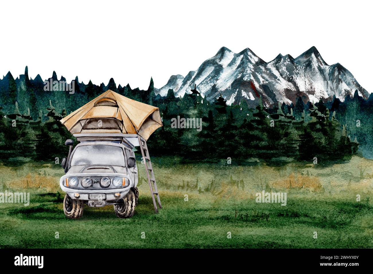 Designvorlage für Campingkarten mit Geländewagen, Dachzelt und Leiter. Berge hinterlegt Aquarellabbildung auf weißem Hintergrund Stockfoto