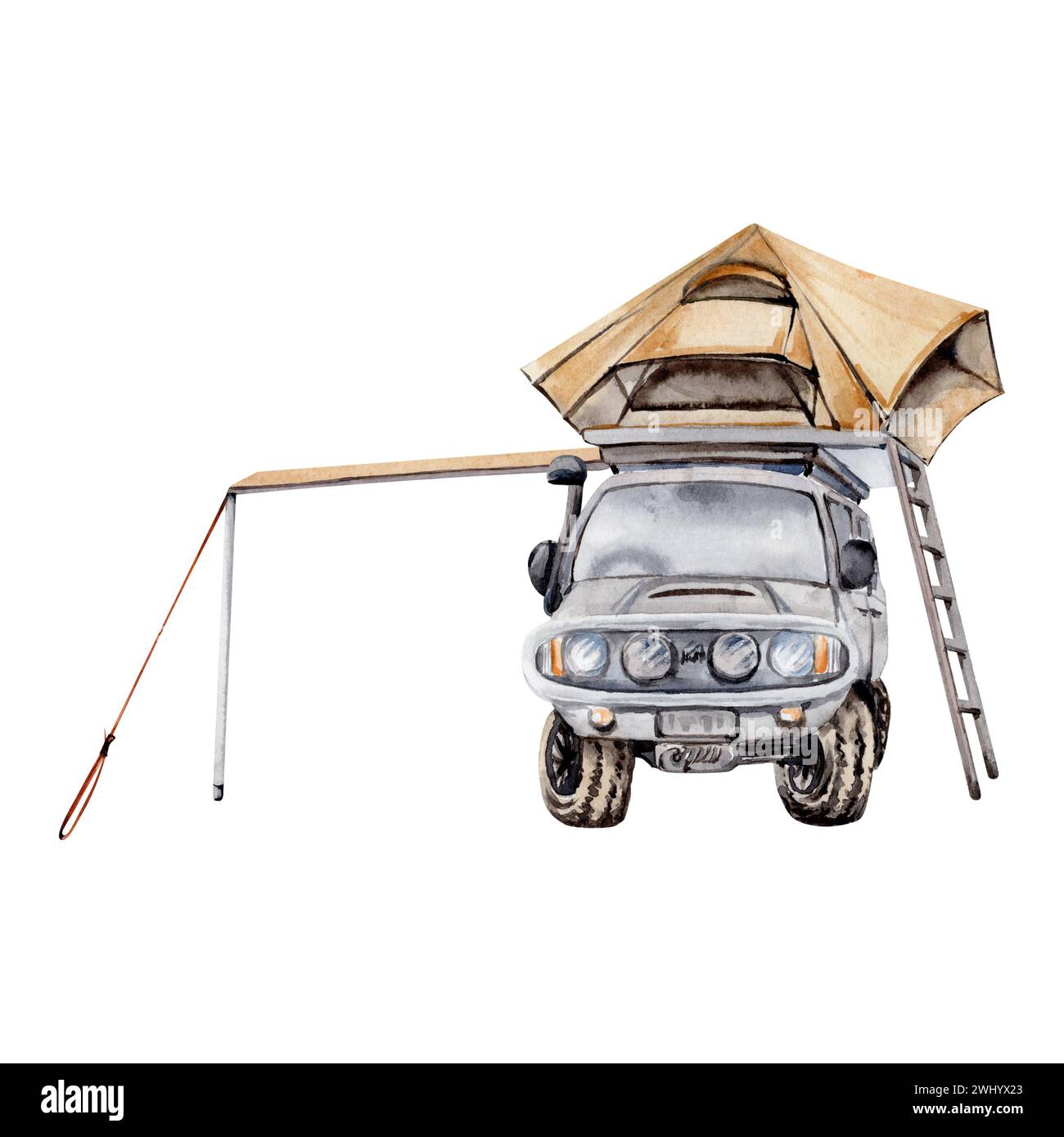 Camping-Kompositionselement mit Geländewagen, Markise und Dachzelt mit Leiter. Aquarellabbildung auf weißem Hintergrund Stockfoto