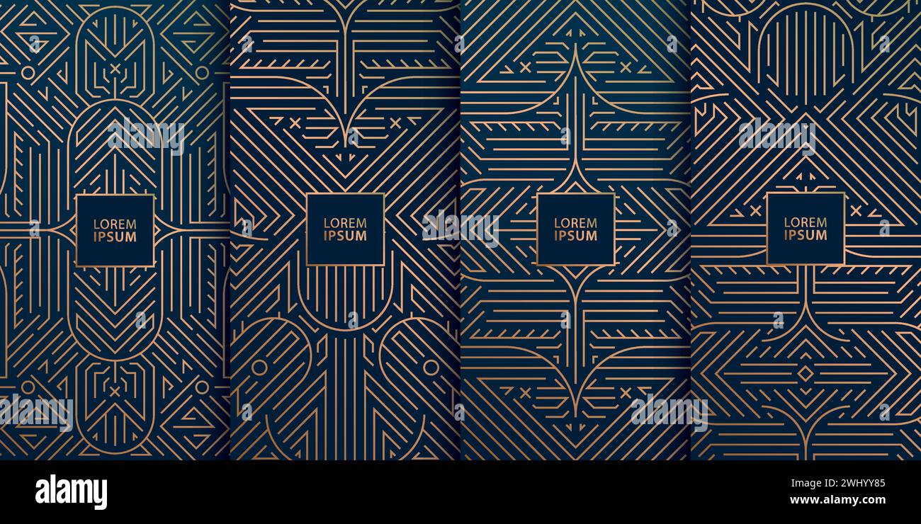 Vektorsatz der Art-Deco-Linie geometrische Hintergründe, Wein, Box, Schokolade, Etikettendesign. Hochwertiges schwarzes und goldenes gatsby-Ornament. Stock Vektor