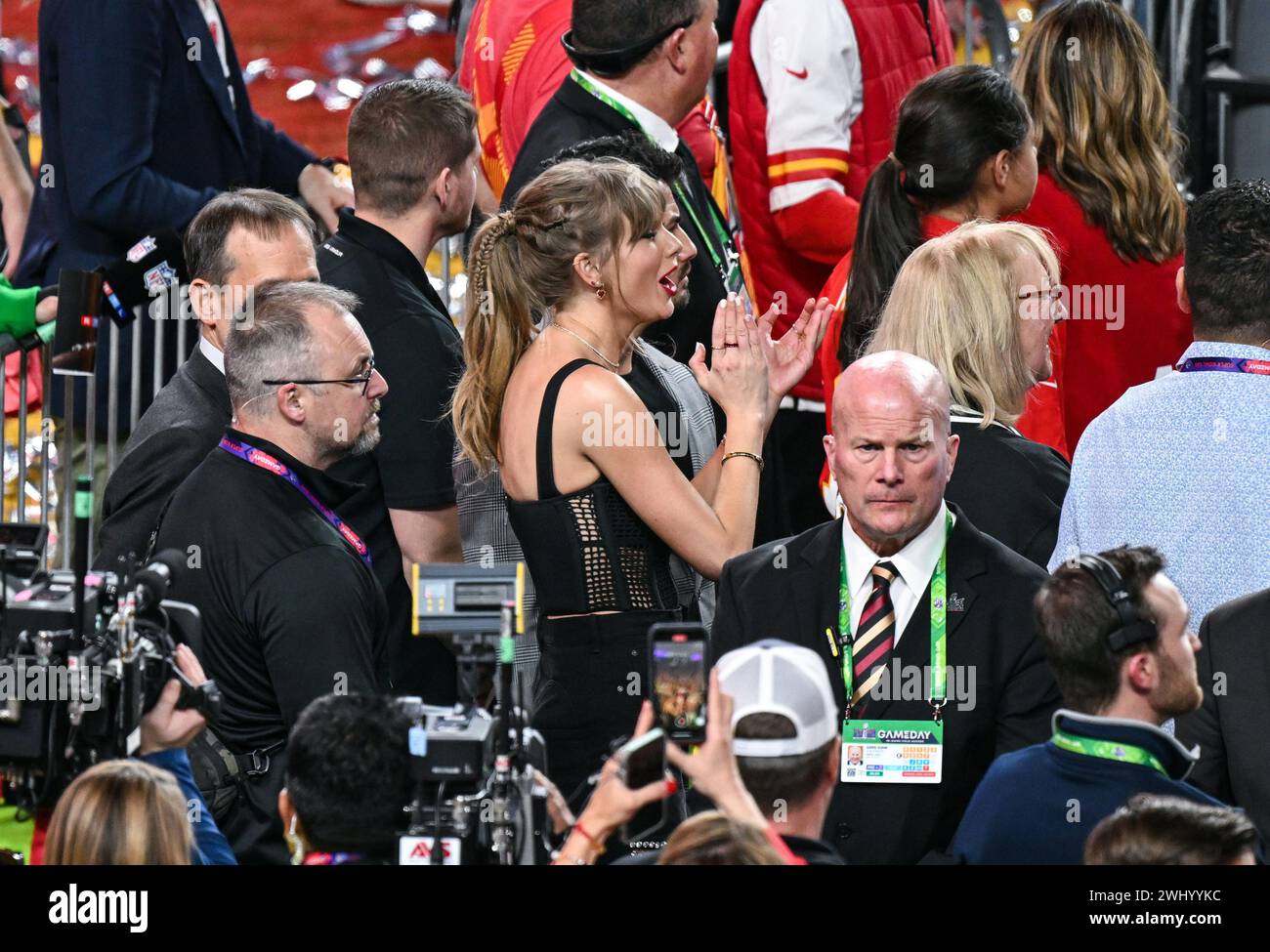 Taylor Swift feiert nach dem Super Bowl LVIII, Allegiant Stadium, Las Vegas, Nevada, USA. Bilddatum: Sonntag, 11. Februar 2024. Stockfoto