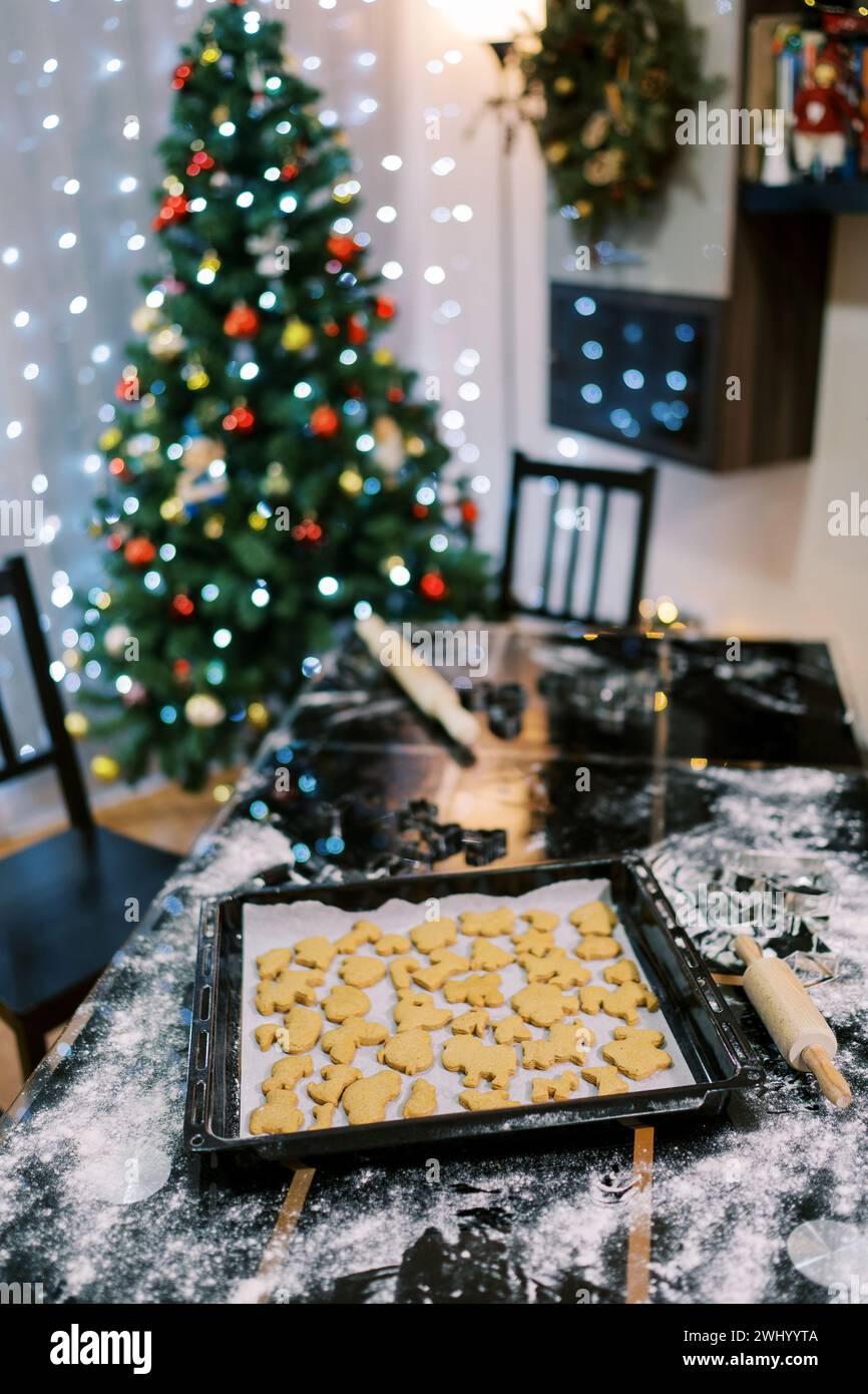 Rohe Kekse liegen auf Backpapier in einem Tablett auf einem bemehlten Tisch neben dem Weihnachtsbaum Stockfoto