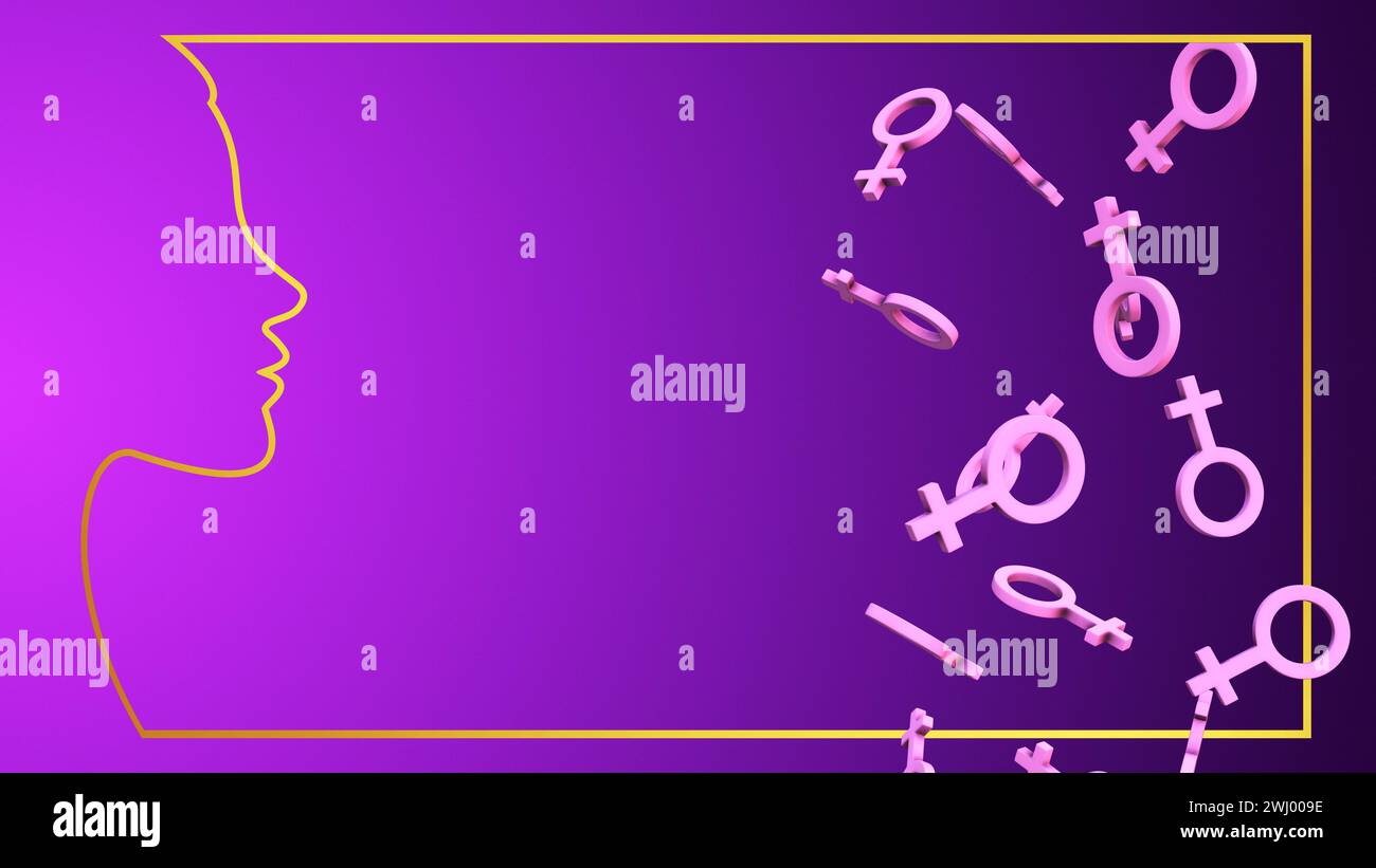 Gesichtskontur für Damen mit fliegenden weiblichen Symbolen Stockfoto