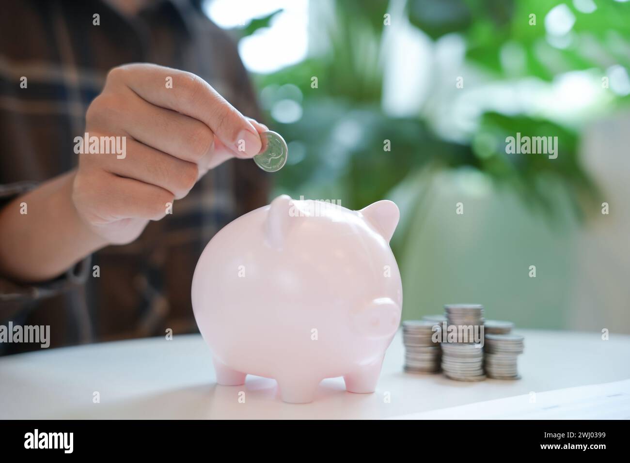 Geld sparen. Geben Sie Geld von Hand in die rosa Sparkasse, die Investitionen oder Strategien für persönliche Ersparnisse tätigt Stockfoto