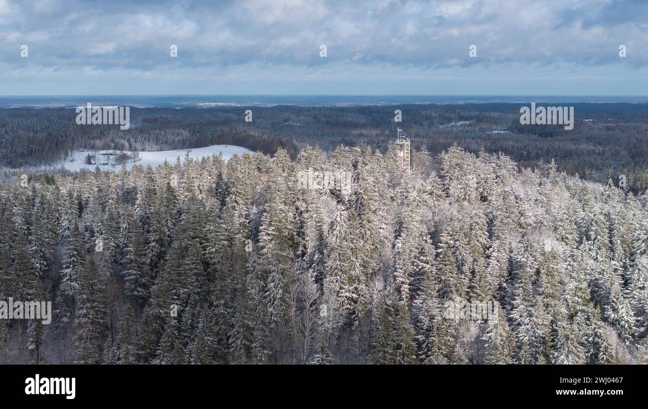 Ein Blick aus der Vogelperspektive auf den winterlich schneebedeckten Hügel Suur-Munamagi mit dem Wachturm und der estnischen Flagge Stockfoto