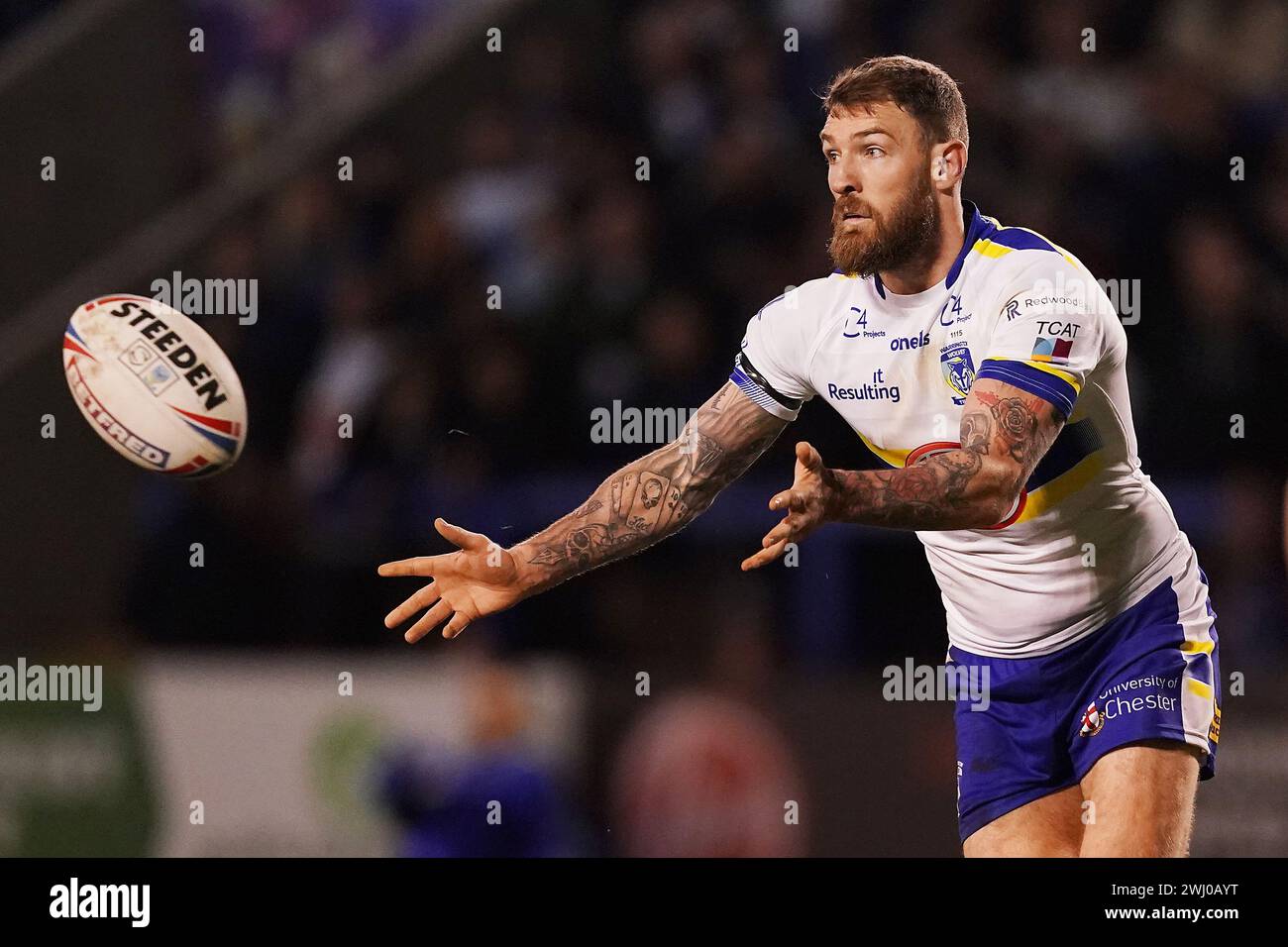 Aktenfoto vom 16.02.2023 von Daryl Clark der Warrington Wolves. Daryl Clark (im Bild) ist unerschrocken von der Aussicht, James Roby in St. Helens zu ersetzen. Ausgabedatum: Montag, 12. Februar 2024. Stockfoto