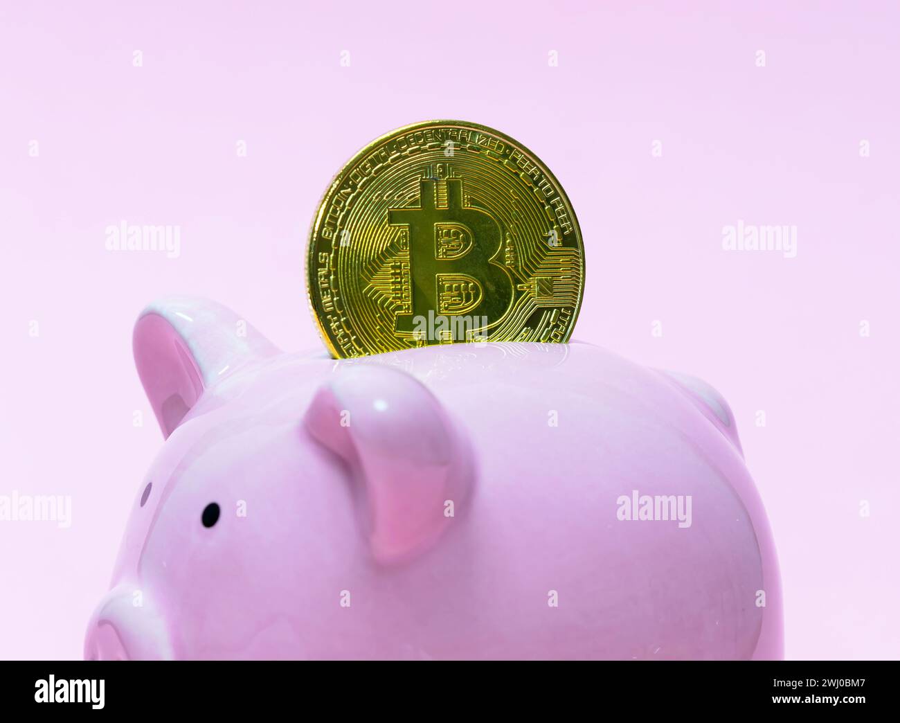 Kryptowährungen sparendes Finanzbankkonzept. Bitcoin-Coin in Sparguthaben. Stockfoto