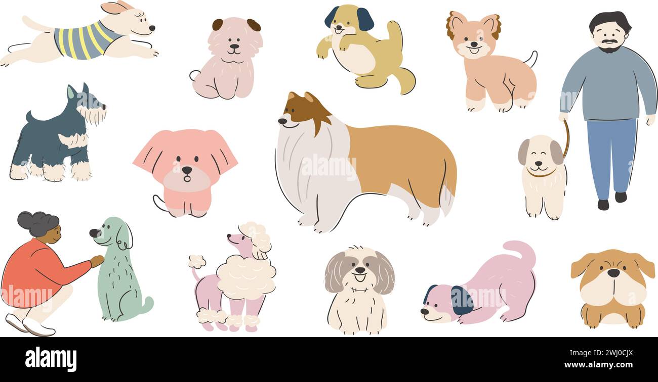 Niedliche handgezeichnete Cartoonish Hunde Vektor-Illustration Set isoliert auf Einem weißen Hintergrund. Stock Vektor