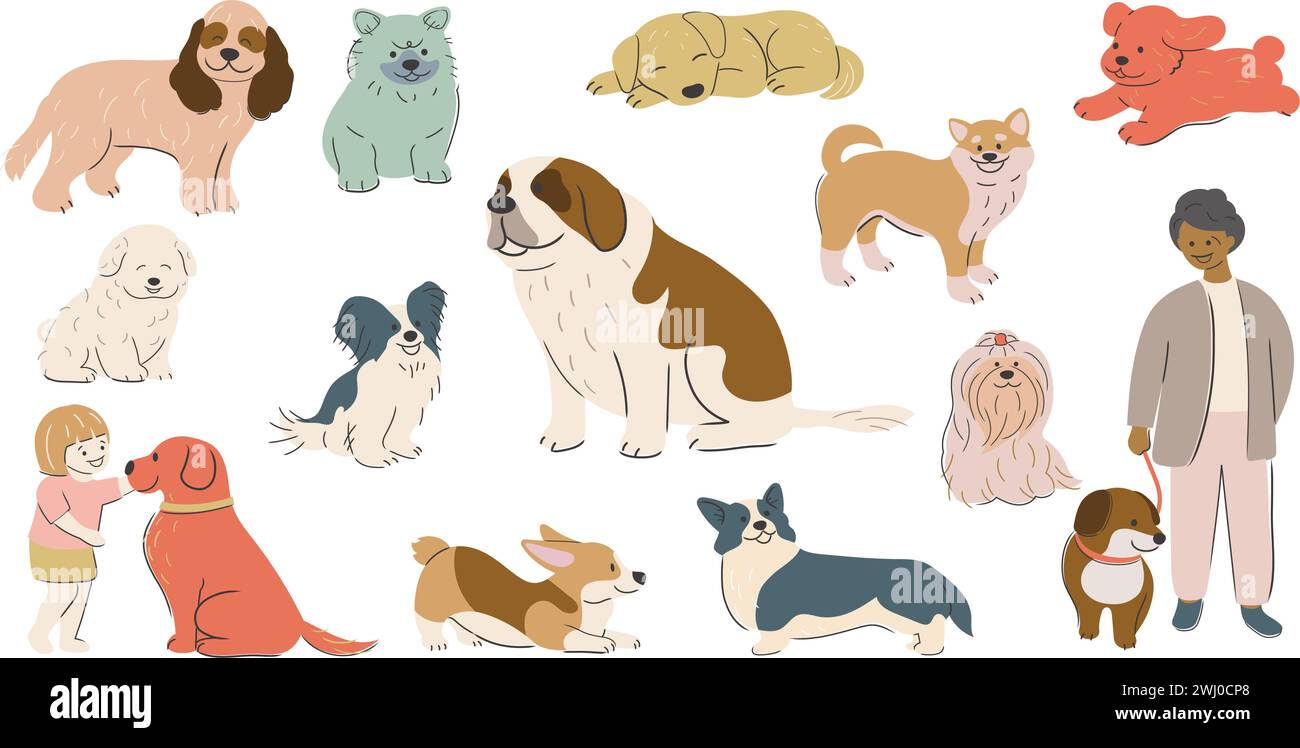 Niedliche handgezeichnete Cartoonish Hunde Vektor-Illustration Set isoliert auf Einem weißen Hintergrund. Stock Vektor
