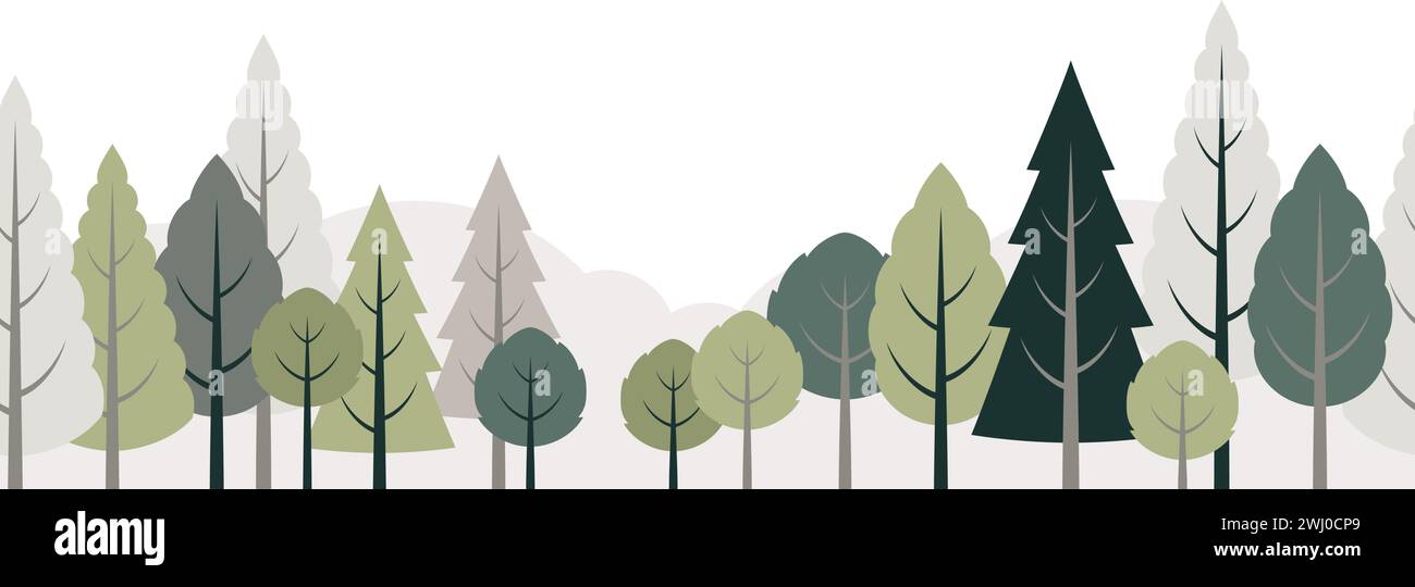Nahtloser Wald mit Bergen Vektor flache Illustration isoliert auf Einem weißen Hintergrund. Horizontal Wiederholbar. Stock Vektor