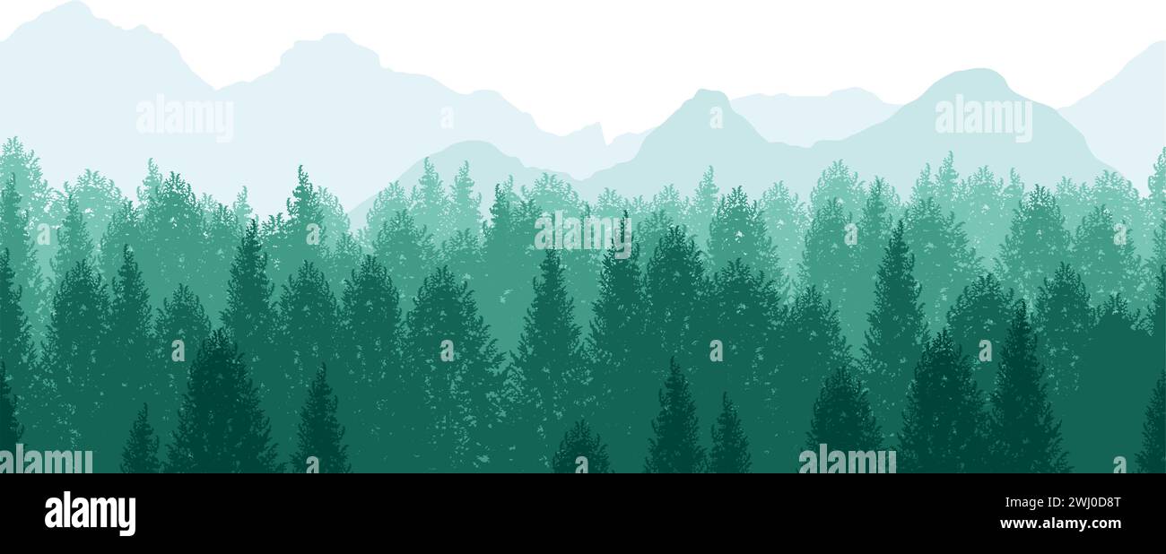 Vektor Nahtlose Wald Hintergrund Illustration Mit Bergen Im Hintergrund. Horizontal Wiederholbar. Stock Vektor