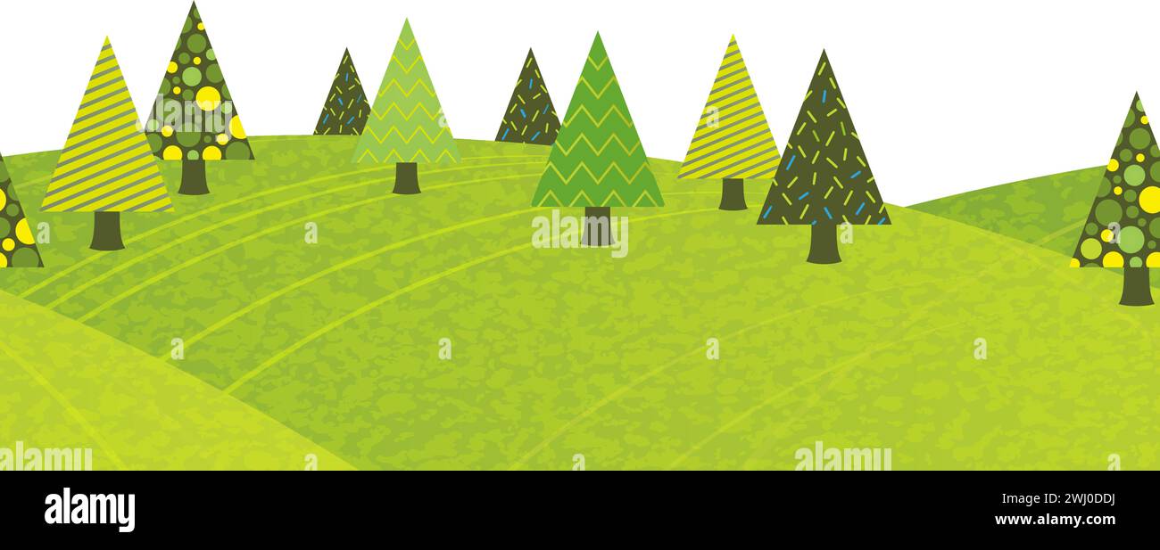 Nahtloser Wald mit Bergen Vektor flache Illustration isoliert auf Einem weißen Hintergrund. Horizontal Wiederholbar. Stock Vektor