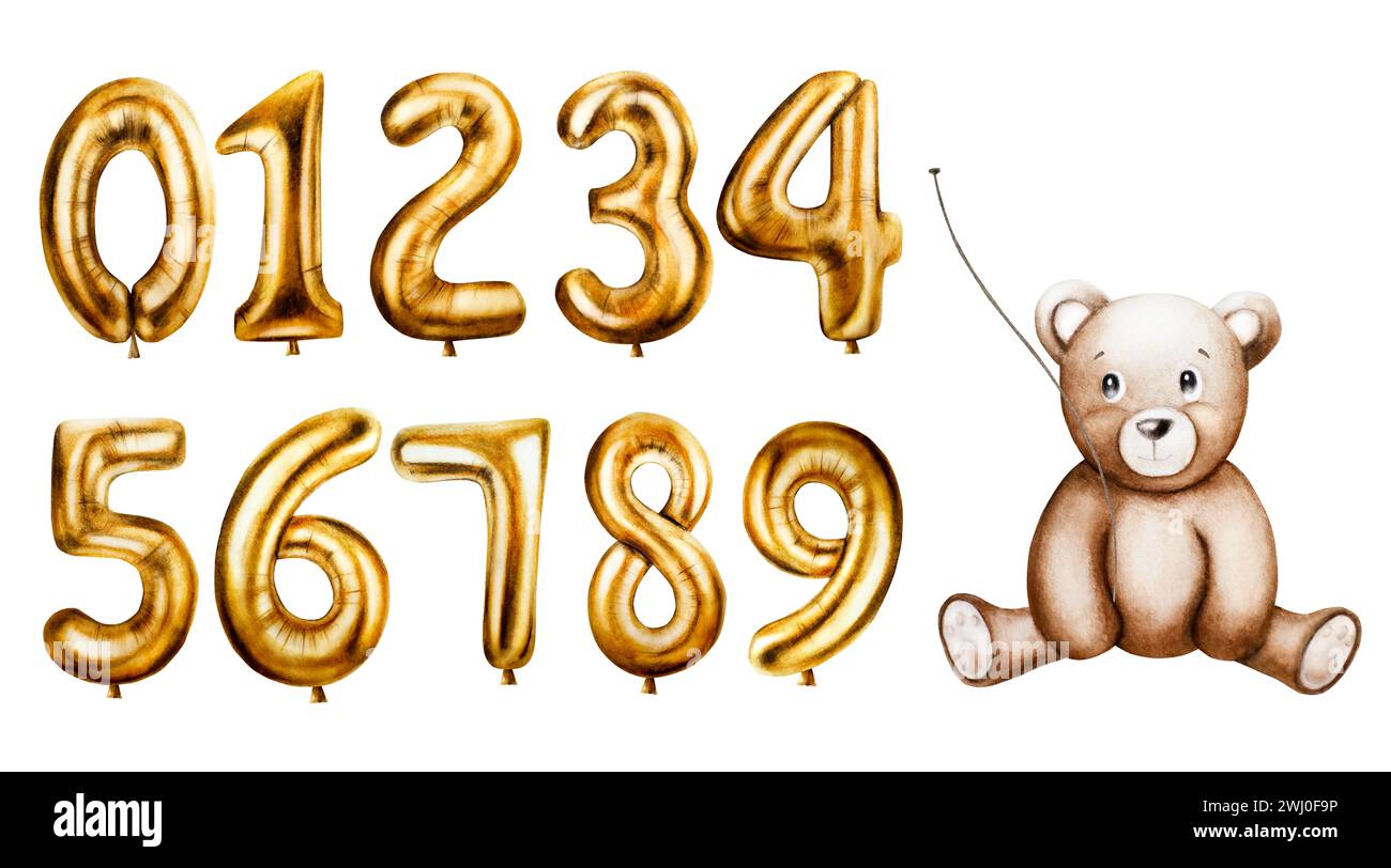 Aquarell niedlicher Cartoon Teddybär mit goldenen Folienballons Zahlen 0-9. Handgezeichnete Geburtstagsfeierzahlen Null, eins, zwei, drei, vier, fünf, s Stockfoto