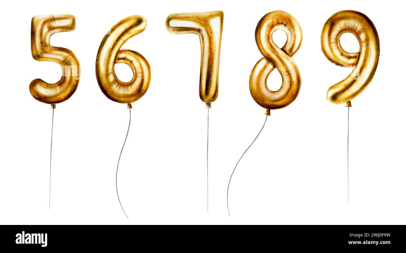 Aquarellset aus goldenen Folienballons Ziffern 5-9. Handgezeichnete Geburtstagsfeier Nummer fünf, sechs, sieben, acht, neun auf Stichen für Dekoration isoliert o Stockfoto