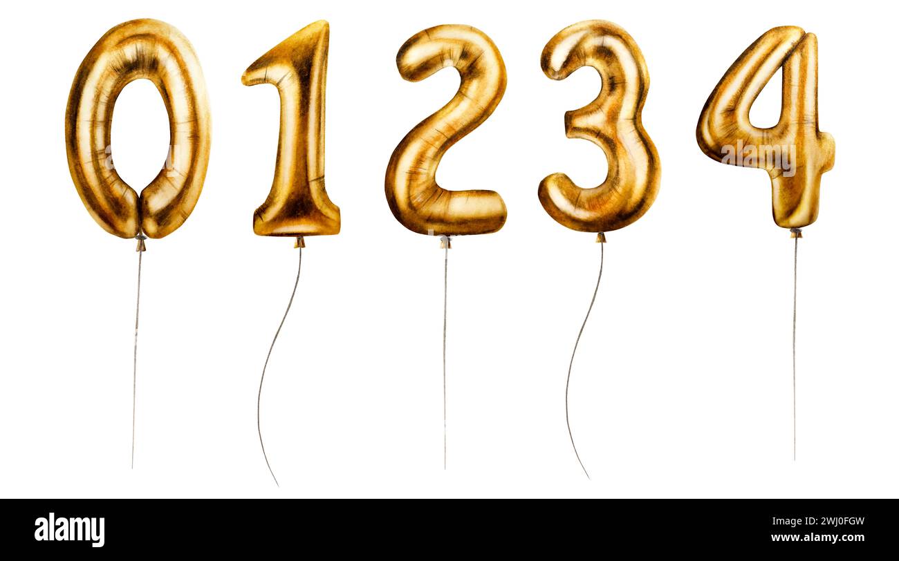 Aquarellset aus goldenen Folienballons, Ziffern 0-4. Handgezeichnete Geburtstagsfeier-Nummern Null, eins, zwei, drei, vier auf Strings für Dekoration isoliert auf Stockfoto