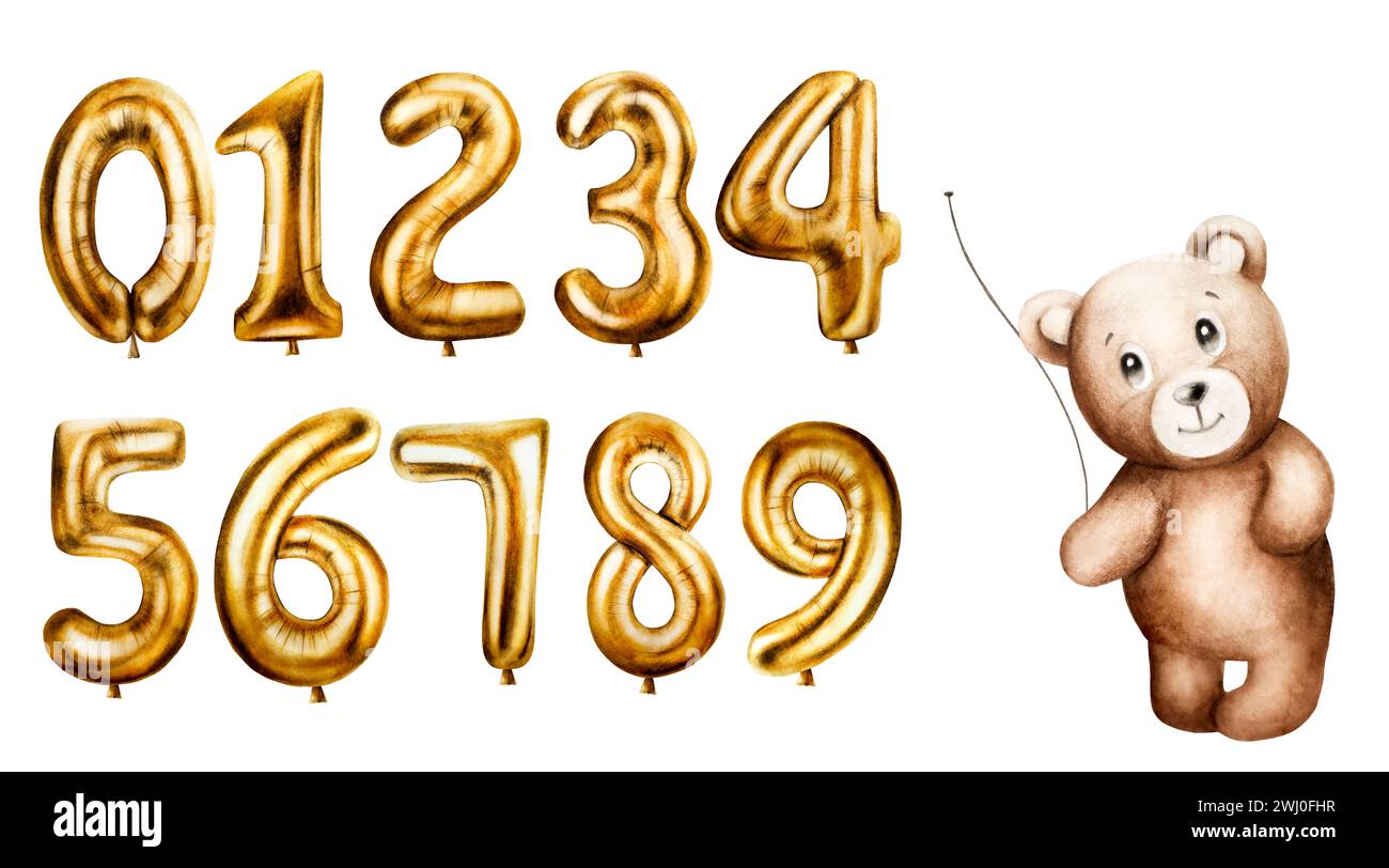 Aquarell niedlicher Cartoon Teddybär mit goldenen Folienballons Zahlen 0-9. Handgezeichnete Geburtstagsfeierzahlen Null, eins, zwei, drei, vier, fünf, s Stockfoto