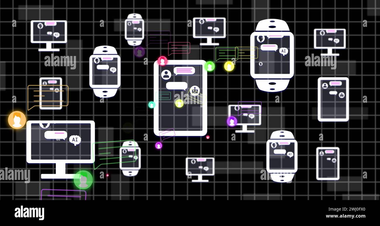 Bild von AI-Text, Symbolen und Datenverarbeitung über Computerbildschirme Stockfoto