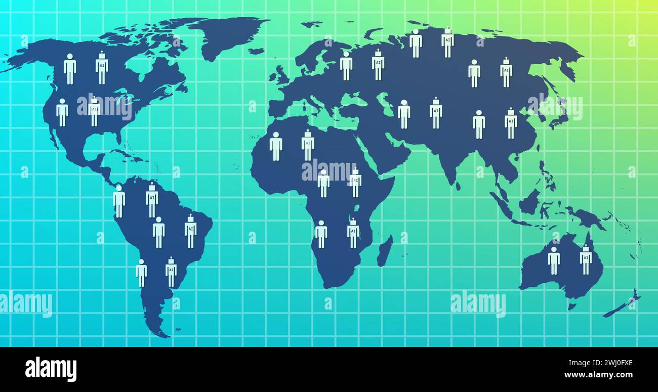 Bild von KI-Symbolen und Datenverarbeitung über Weltkarte Stockfoto
