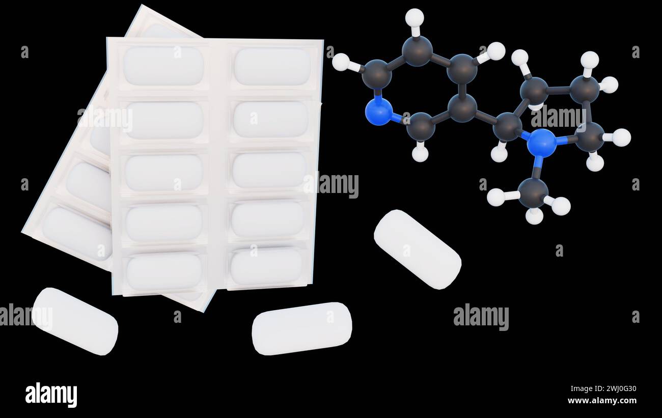 3D-Darstellung von Nikotingummi und Nikotinmolekülen Stockfoto