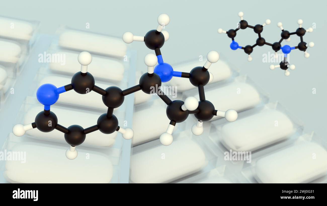 3D-Darstellung von Nikotingummi und Nikotinmolekülen Stockfoto