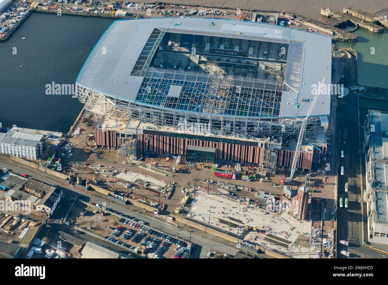 Das Stadion des New Everton Football Club am Bramley Moore Dock, Merseyside, Liverpool, Nordwestengland, Vereinigtes Königreich, im Bau Stockfoto