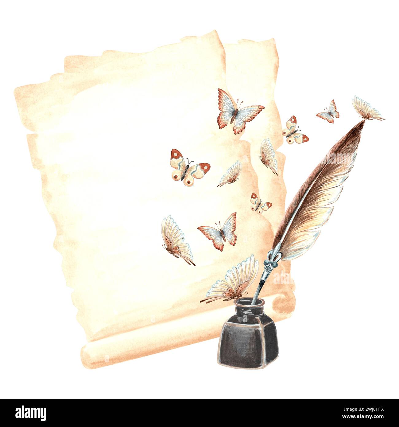 Blätter Papyruspapier, Tintenfass mit Federstift und wild flatternde Schmetterlinge. Vintage Schreibzubehör, alter Brief. Handgezeichnetes Aquarellisolat Stockfoto