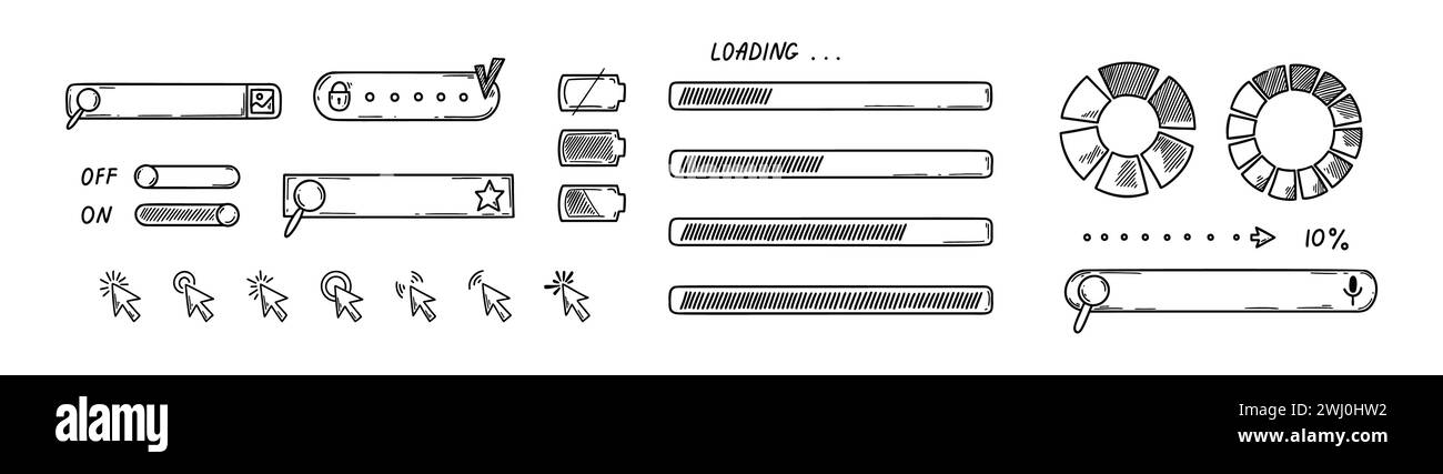 Set mit Doodle-Elementen im Webdesign. Symbole, Leisten, Schaltflächen der Website-Benutzeroberfläche. Code-Software-Technologie. Stock Vektor