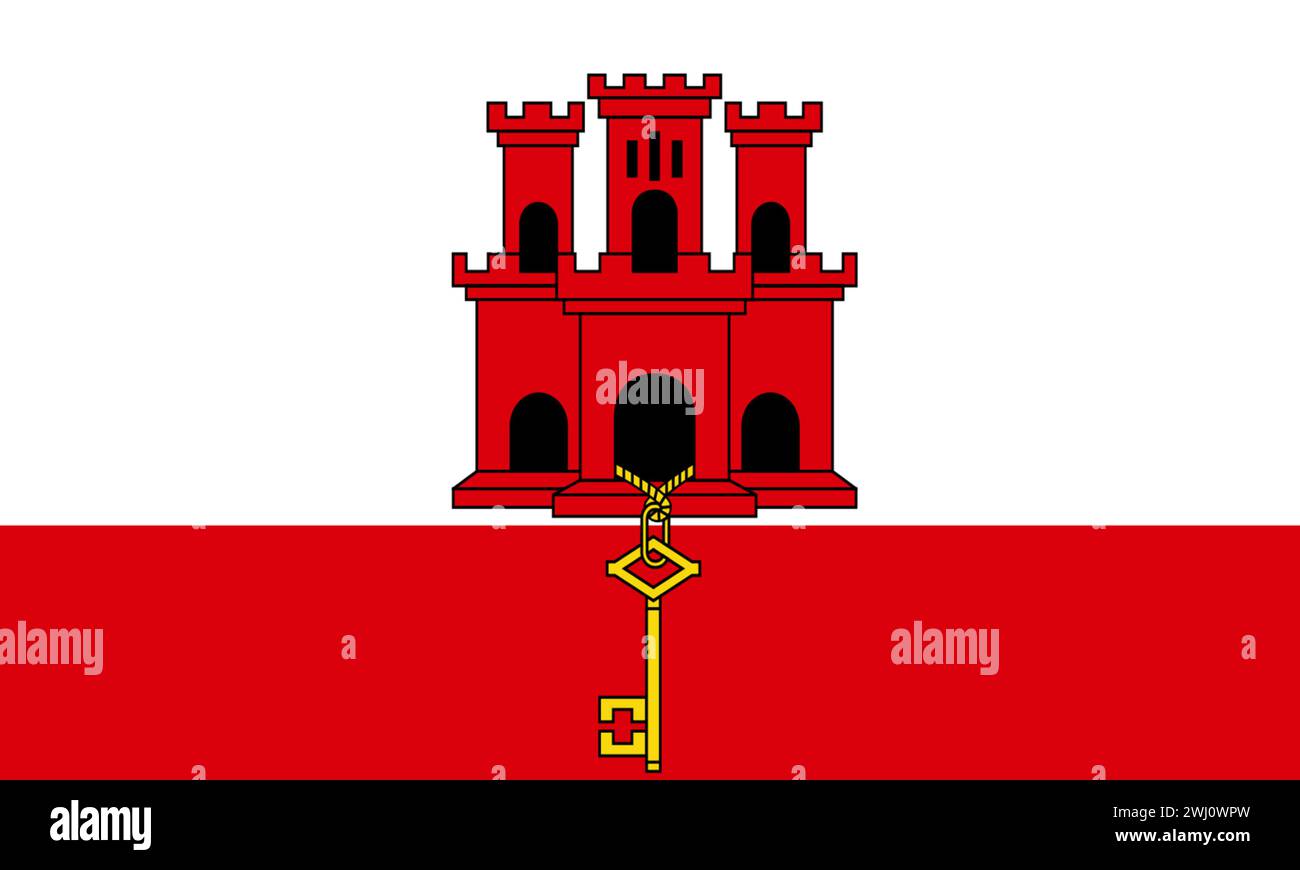 Flagge von Gibraltar. Flagge des europäischen Landes. Abbildung des nationalen Symbols von Gibraltar. Gibraltar Stockfoto
