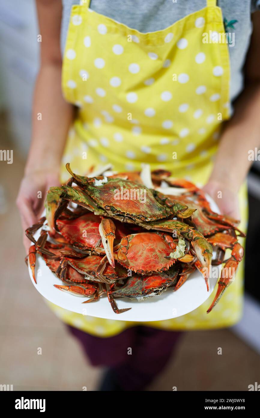 Die Hausfrau hält einen Teller gekochter Krabben in der Hand. Abgeschnitten. Gesichtslos Stockfoto