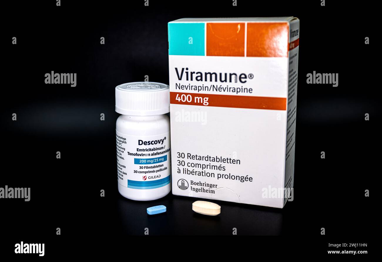 Viramune und Descovy stellen heute eine normale antiretrovirale Kombinationstherapie bei Personen welche sich mit HIV infiziert haben, oder an AIDS er Stockfoto