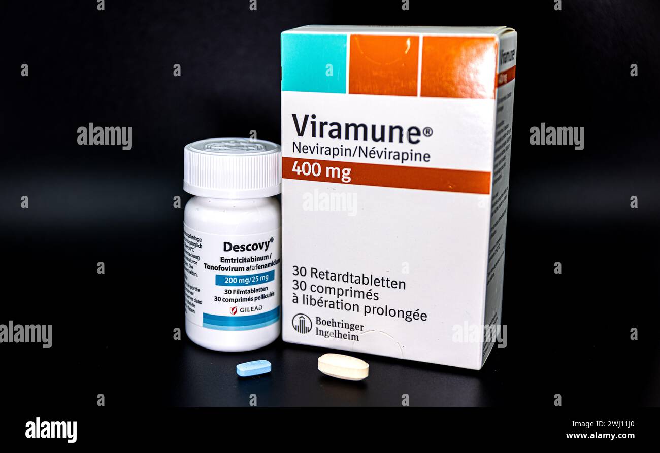 Viramune und Descovy stellen heute eine normale antiretrovirale Kombinationstherapie bei Personen welche sich mit HIV infiziert haben, oder an AIDS er Stockfoto