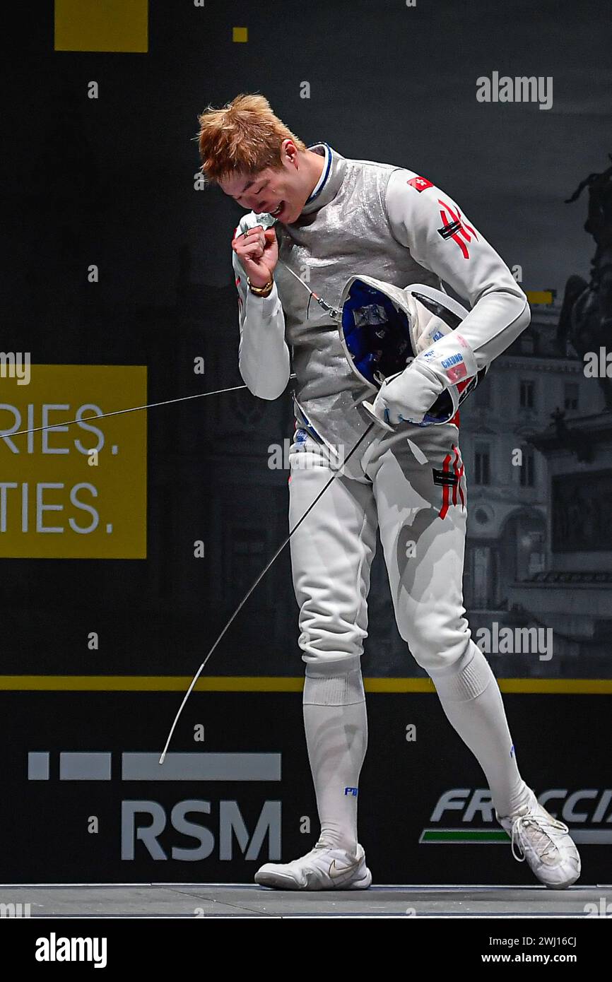 Turin, Italien. Februar 2024. Italien, Turin 11/02/2024 Inalpi Arena Grand Prix FIE Inalpi Trophy of Foil Turin 2024 Goldmedaille Cheung Ka Long (HKG) (Foto: Tonello Abozzi/Pacific Press) Credit: Pacific Press Media Production Corp./Alamy Live News Stockfoto