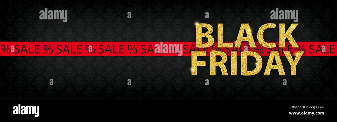 Banner mit dem Text Black Friday und rotes Band mit dem Text Sale. EPS 10-Vektordatei. Stockfoto
