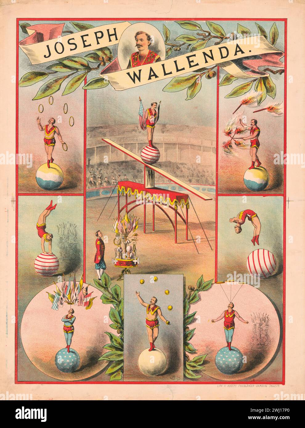 Vintage-Werbeplakat für The Great Joseph Wallenda mit verschiedenen Zirkusdarbietungen von Adolph Friedländer 1890er Stockfoto