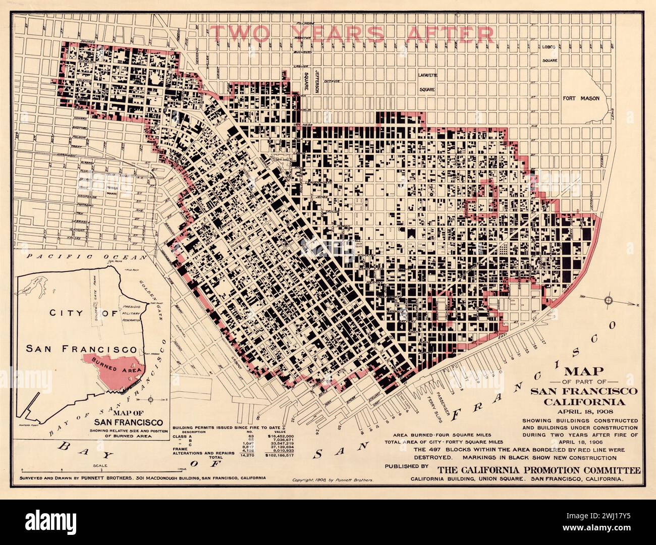 Karte der Gesamtschäden des Großen Erdbebens von San Francisco von 1906, die das betroffene Gebiet und die Schäden zwei Jahre später zeigt Stockfoto