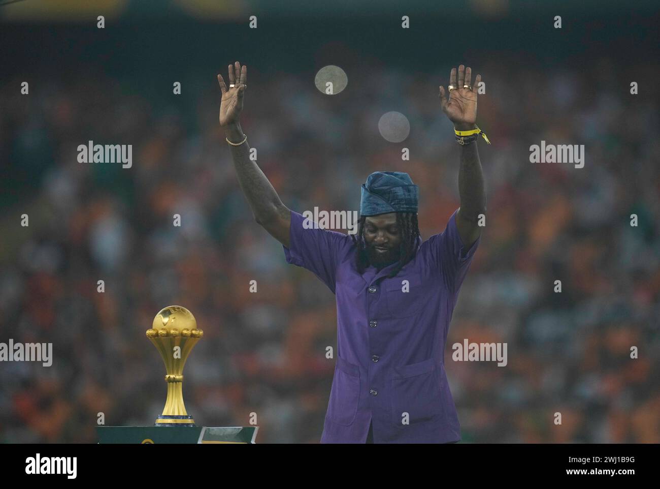 11. Februar 2024: Emmanuel Adebayor (Togo) Gesten während des Finalspiels des African Cup of Nations, Elfenbeinküste gegen Nigeria, im Alassane Ouattara Stadium, Abidjan, Elfenbeinküste. Kim Preis/CSM Stockfoto