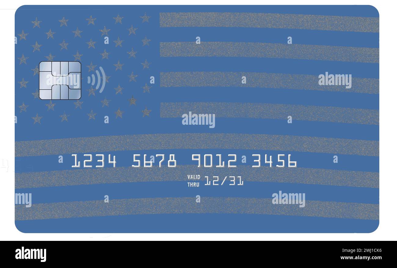 Eine US-Flagge wird auf einer blauen Kredit- oder Debitkarte in einer 3D-Abbildung angezeigt. Stockfoto