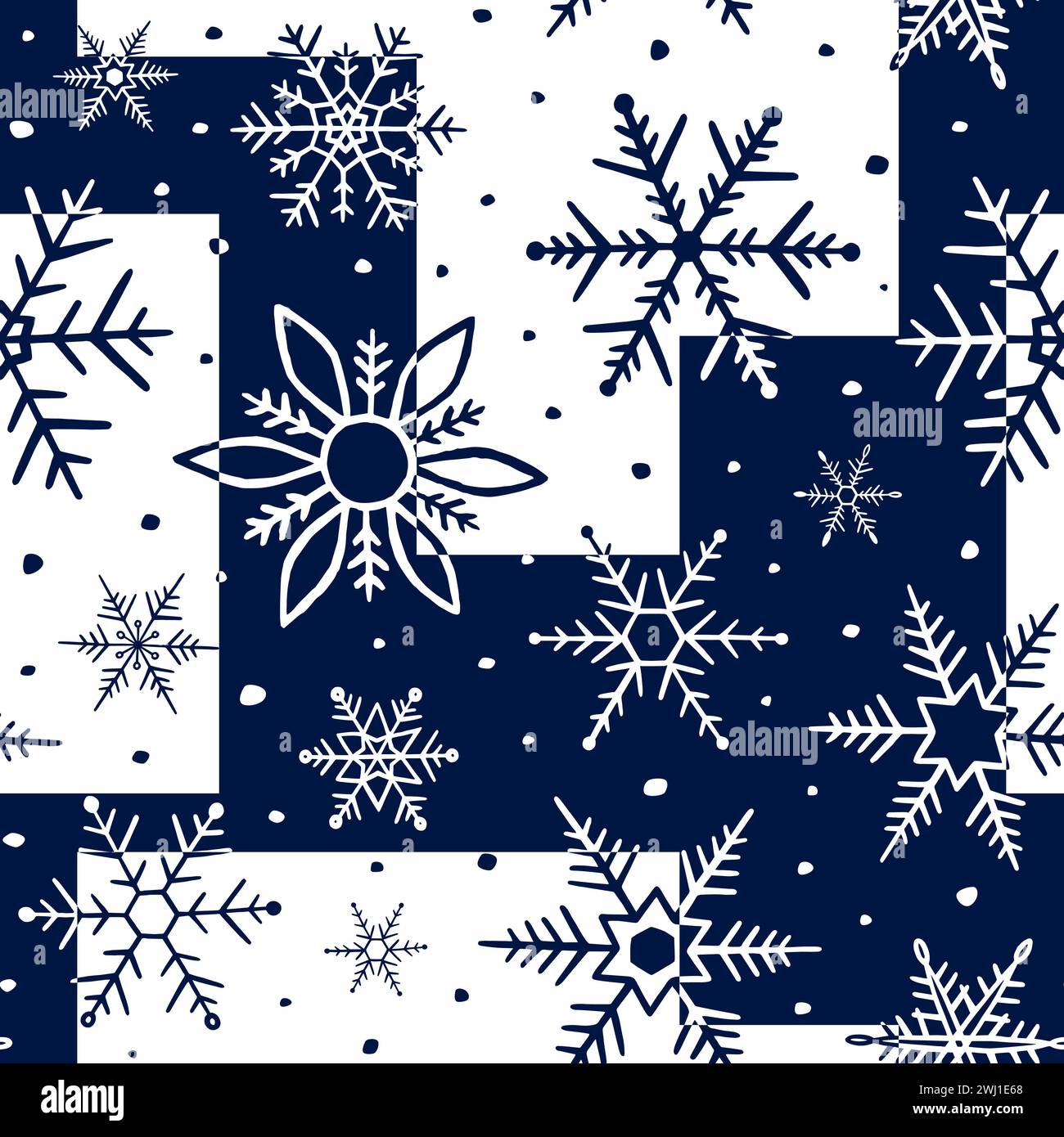 Nahtloses Schneeflocken-Muster. Schneeflocken Hintergrund. Wiederholte blaue Textur. Schneehandzeichnung. Wiederholung der Winterzeichnung. Design von Schneeflocken zum Aufdrucken Stock Vektor