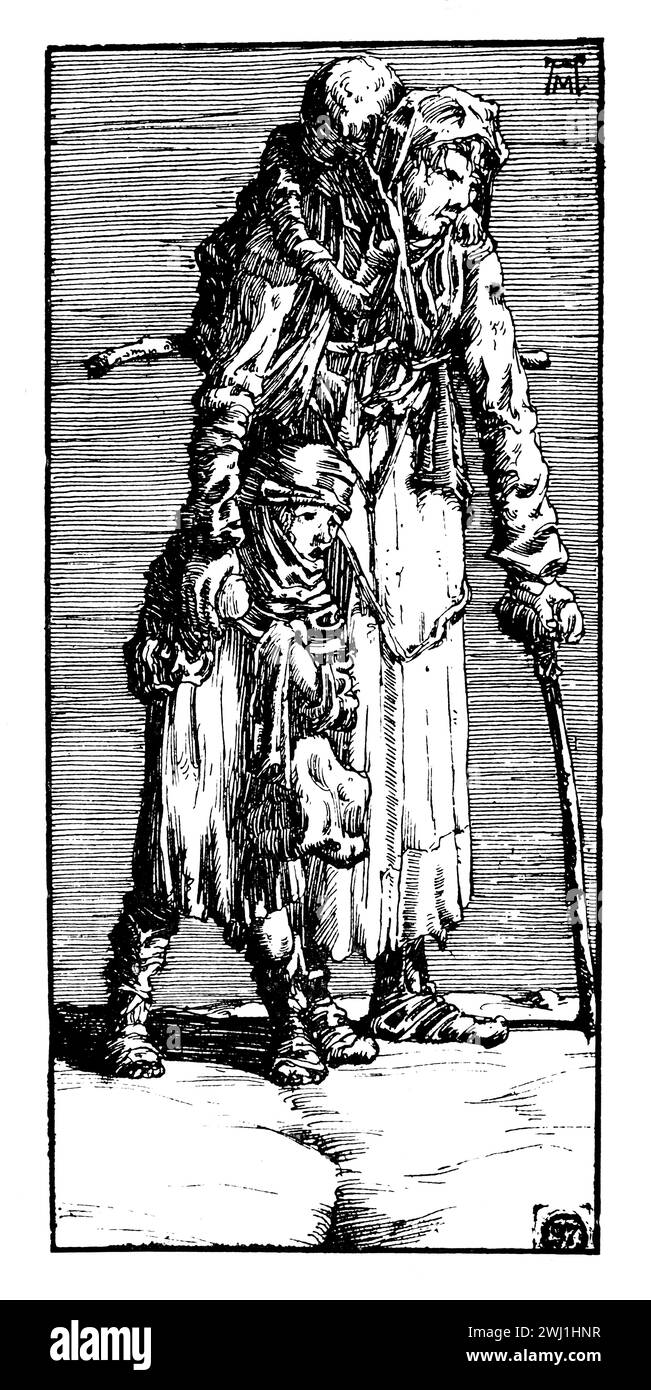 1897 Illustration der armen behinderten Mutter und Kinder, vom italienischen Künstler Alberto Martini Stockfoto