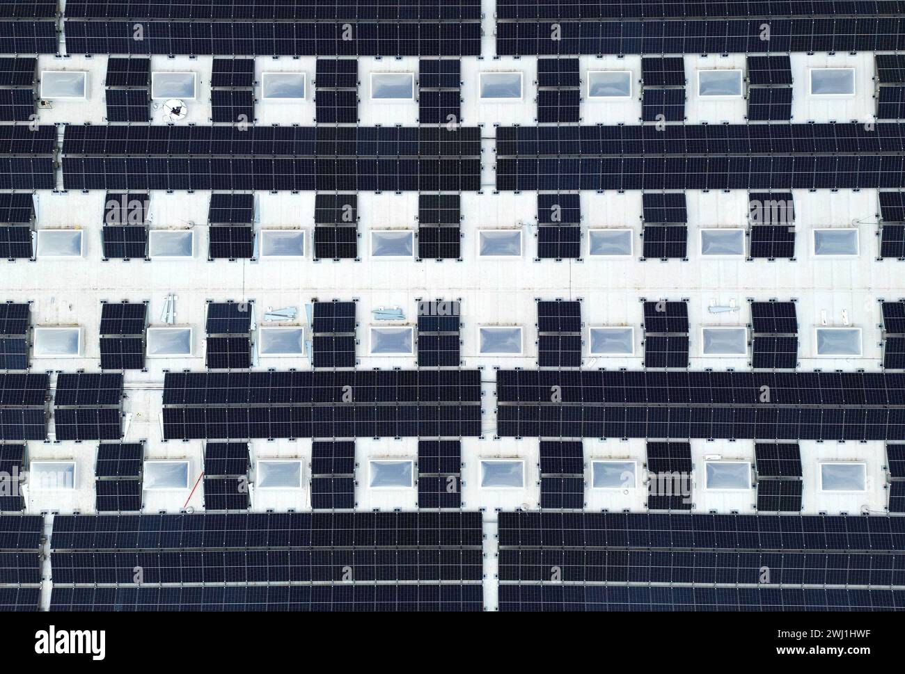 Pontyclun, Wales, Großbritannien - 11. Februar 2024: Blick von oben auf Solarpaneele auf dem Dach eines neuen Sainsbury's Supermarktes Stockfoto